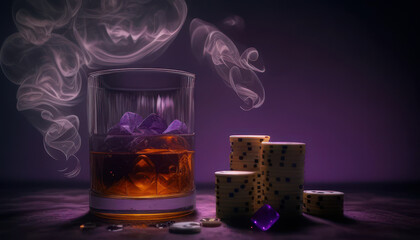 Glass of whiskey and poker chips on table with dark purple background. Generative AI