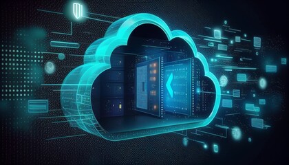 Smart data exchange technology, Data transfer, Cloud network connects to internet server of business. Online data storag and cyber security.