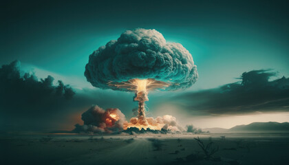 Wall Mural - Mushroom cloud after atomic bomb explosion in city. The concept of nuclear war. AI generated