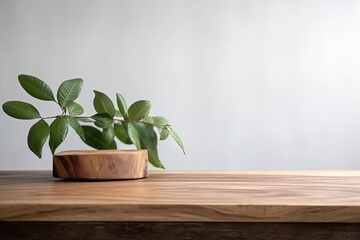 Poster - green plant in a wooden bowl on a table created with Generative AI technology