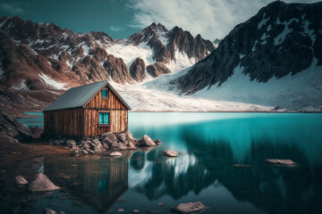 Beautiful landscape with a blue lake and mountains with snow in the background, Generated by AI