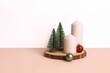 Closeup shot of a Christmas composition with trees and candles on a white background