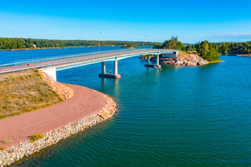 Sticker - Panorama view of a bridge on a road between Hammarland and EckerГ¶ at Aland islands in Finland