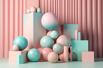 Poster - illustration of colorful geometric shapes and balls arranged on a table created with generative ai t