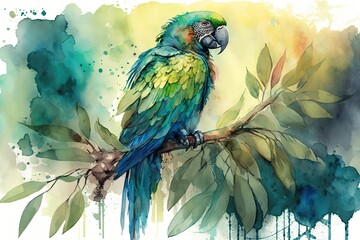 A colorful parrot perched on a branch, with a watercolor background featuring shades of green and blue to create a tropical atmosphere Generative AI