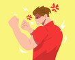 © Irkhamsterstock - male character clenching fist. fighting pose muscle man side view. yellow background. concept of fighting, angry, annoyed, etc. flat vector illustration.