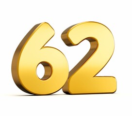 Sticker - 3d illustration of golden number sixty-two isolated on white background with shadow