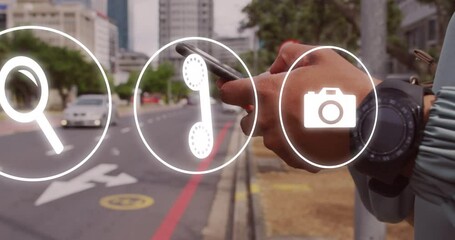 Poster - Animation of network of icons over african american woman using smartphone