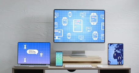Wall Mural - Computer, laptop, tablet and smartphone with data processing on screens in office