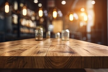 Poster - wooden table with warm light bulbs glowing in the background created with Generative AI technology