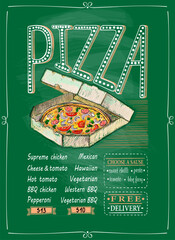 Wall Mural - Pizza chalkboard menu with pizza in delivery box illustration