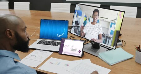 Poster - African american business people having video call and using technology with digital chat in office