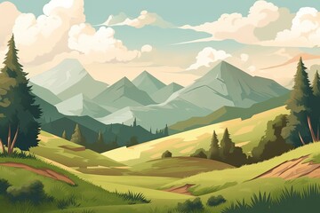 Poster - serene mountain landscape with tall trees in the foreground created with Generative AI technology