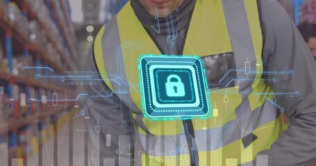 Poster - Animation of padlock and data processing over caucasian male worker working in warehouse