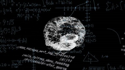 Poster - Animation of dots forming brain over computer language, mathematical equations and diagrams