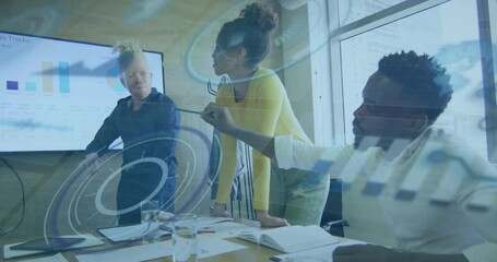 Canvas Print - Animation of round scanner and data processing over diverse colleagues discussing together at office