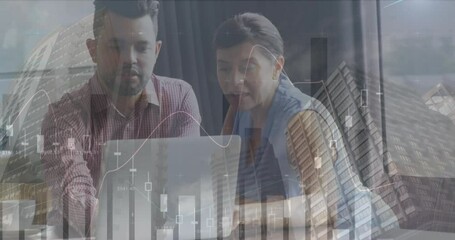 Poster - Animation of statistical data processing over diverse man and woman discussing against tall building