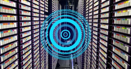 Canvas Print - Animation of neon blue round scanner spinning against computer server room