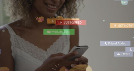 Poster - Animation of follow us and social media icons over smiling biracial woman using cellphone