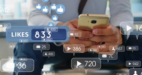 Poster - Animation of social media icons over mid section of caucasian businessman using smartphone at office