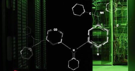 Poster - Animation of molecule structures over illuminated server room in background