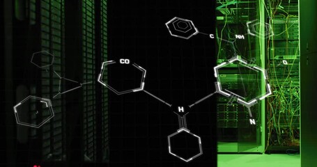 Poster - Animation of molecule structures over illuminated server room in background