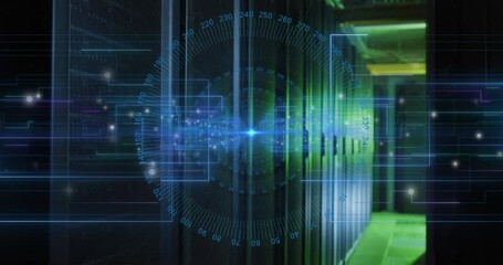 Poster - Animation of blue round scanner and light trails against computer server room