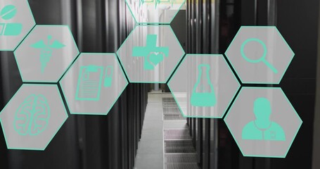 Poster - Animation of blue icon in hexagons over corridor of server room in background