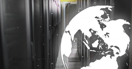Poster - Animation of spinning globe, data processing and white spots against computer server room