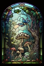 A Digital Illustration Of A Stained Glass Window Depicting A Fairyland Fantasy Scene With Mushrooms. Generative AI. 