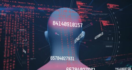 Poster - Animation of changing numbers and data processing over spinning human head model