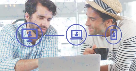 Poster - Animation of network of connections and digital icons over two diverse men discussing over a laptop
