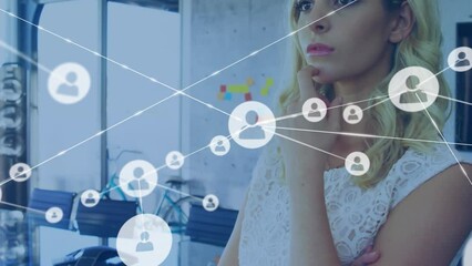 Poster - Animation of network of profile icons over thoughtful caucasian businesswoman at office