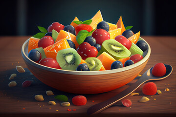 Wall Mural - Fresh fruit salad served on wooden table. Generative Ai