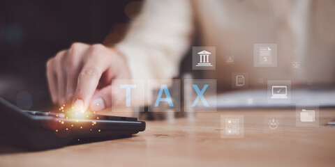 Fototapete - Business people use calculator to calculate documents, profit and loss statement review concept of company performance, effective tax deduction planning for individuals and companies paying tax rates