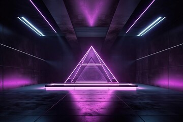 Poster - triangular room with neon lights and a futuristic atmosphere created with Generative AI technology