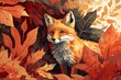 © PinkiePie - A mischievous fox playing in the leaves, with a watercolor background featuring shades of orange and red to create an autumnal setting Generative AI