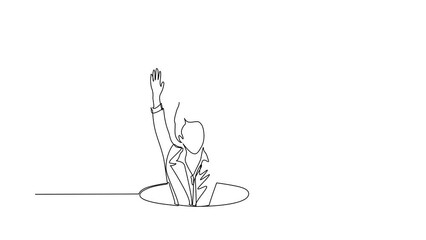 Poster - Animated self drawing of continuous line draw businesswoman fell into manhole underground sewer. Female fell into sewage. Business failure concept. Metaphor. Defeat. Full length single line animation