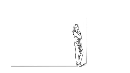 Poster - Animated self drawing of continuous line draw businesswoman thinking in front of big wall. Abstract representing risk management. Finding solution and problem solving. Full length one line animation