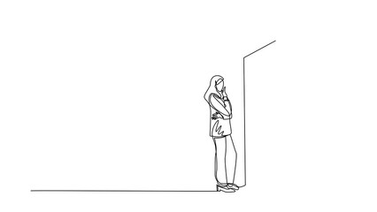 Poster - Self drawing animation of single line draw businesswoman thinking in front of big obstacle. Representing risk management. Finding solution, problem solving. Continuous line draw. Full length animated