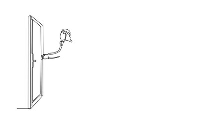 Poster - animated self drawing of continuous line draw arabian businessman inserts key into keyhole which is 