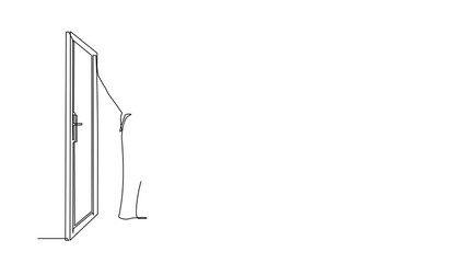 Poster - Animated self drawing of continuous line draw businessman lifts key in front of door. Man holding key to open office room door. Starting morning with spirit to work. Full length single line animation