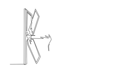 Poster - Self drawing animation of single line draw Arab kicks the door until door shattered. Man kicking locked door and destroy. Concept of overcoming obstacles. Continuous line draw. Full length animated