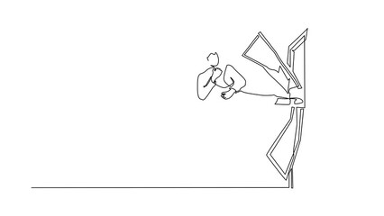 Poster - Animated self drawing of continuous line draw Arabian kicks the door with flying kick until door shattered. Man kicking locked door. Concept of overcoming obstacles. Full length one line animation