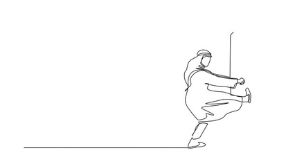 Poster - Animated self drawing of continuous line draw Arabian businessman pulling closed door knob with power. Business struggles. Strength for success. Opening closed doors. Full length one line animation
