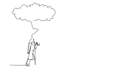 Poster - Self drawing animation of single line draw Arab businesswoman with briefcase, umbrella stand under rain cloud. Depression at rainy. Drenched, water pour from sky. Continuous line. Full length animated