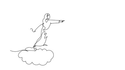 Poster - animated self drawing of continuous one line draw arabian businesswoman holding briefcase ride cloud