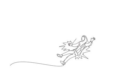 Poster - Self drawing animation of single line draw Arabian businesswoman struck by lightning from cloud. Bad luck, misery, unfortunate, unlucky, disaster, danger. Continuous line draw. Full length animated