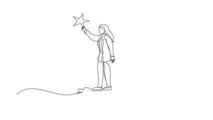Poster - Animated self drawing of continuous one line draw Arabian businesswoman reaching, grab star. Business champion succeed get reward, winning star employee, career path. Full length single line animation