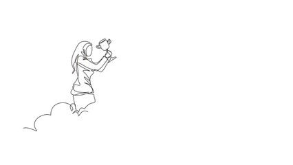 Poster - Self drawing animation of single line draw Arabian businesswoman holding trophy in cloud. Showing celebrate victory in sky. Goal achievement. Winning competition. Continuous line. Full length animated